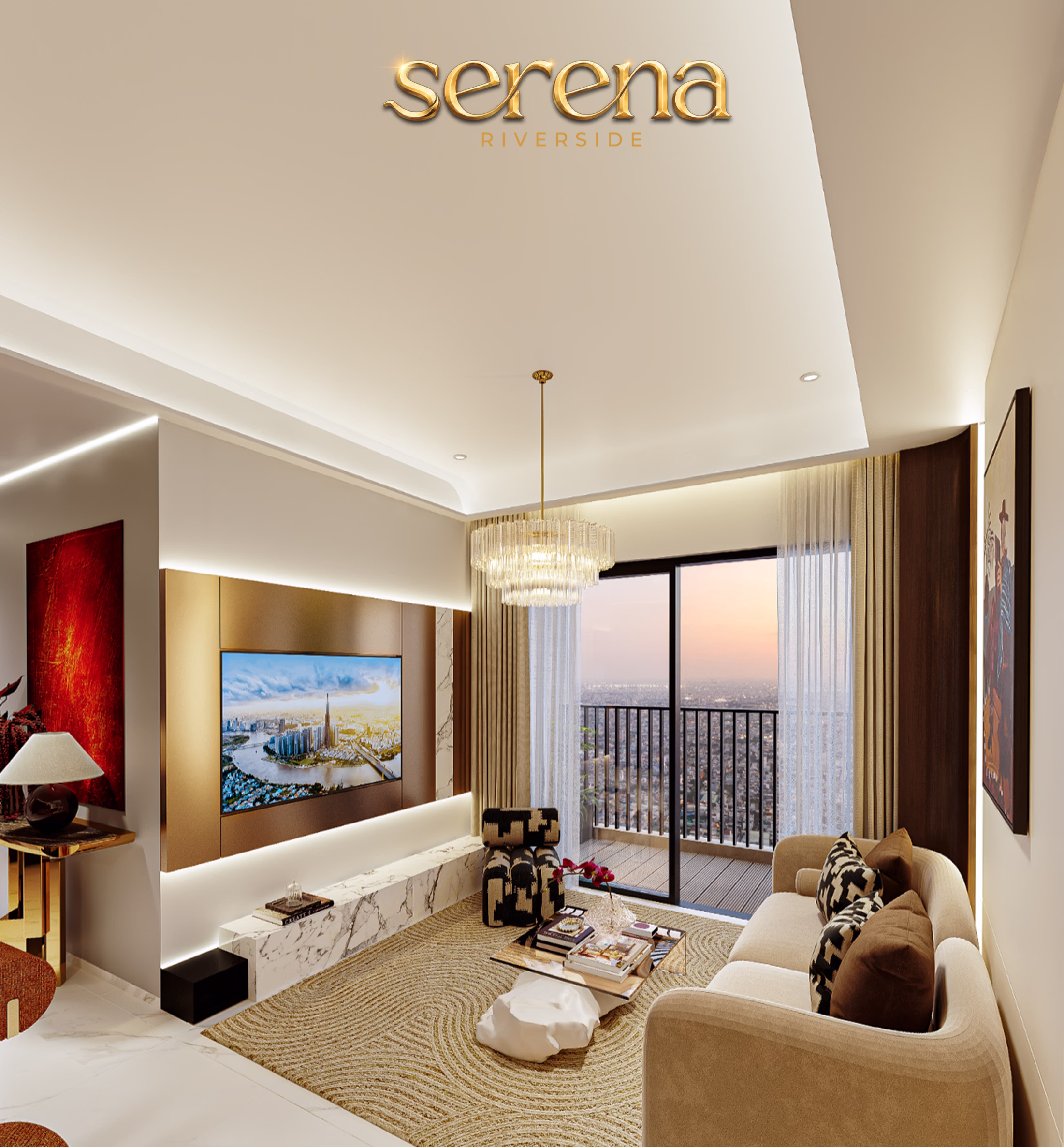 Phối cảnh phòng khách căn hộ 2 phòng ngủ Serena Riverside